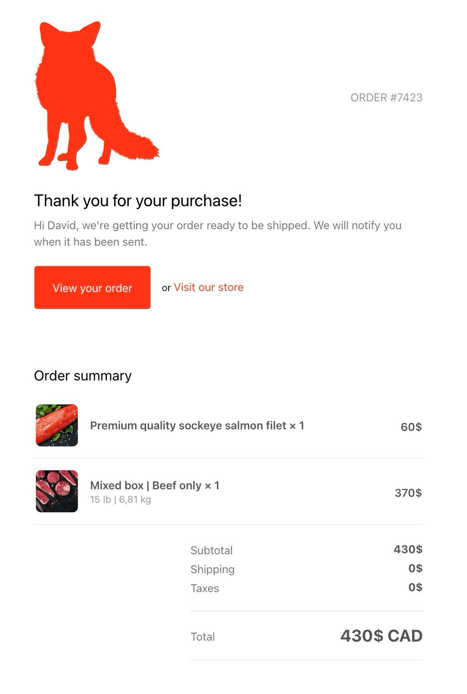 Email de Renard Boucherie Viande En Ligne passée le 29 janvier 2025.