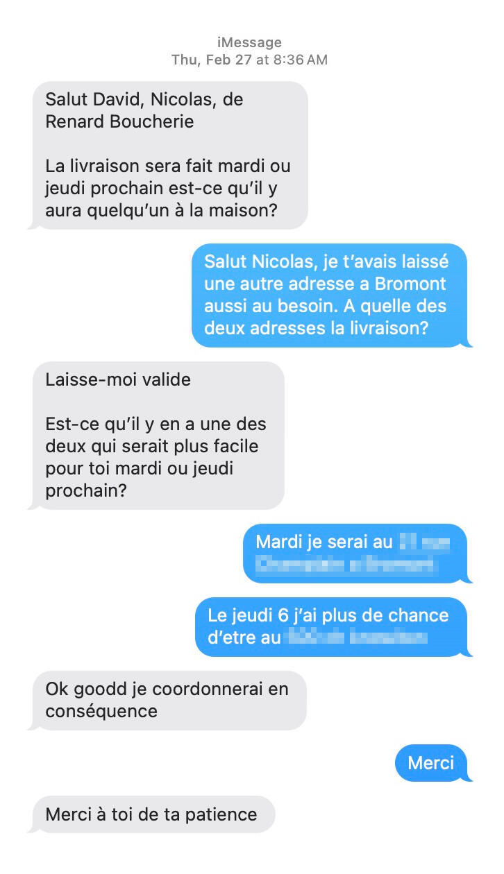 Date : 29 janvier 2024Commande effectuée sur viandeenligne.ca (commande #7423). Paiement envoyé par virement Interac. Le 3 février, j'écris à Nicolas, n'ayant pas reçu de confirmation :"Est-ce que cette commande sera expédiée bientôt? J'ai aussi envoyé le
