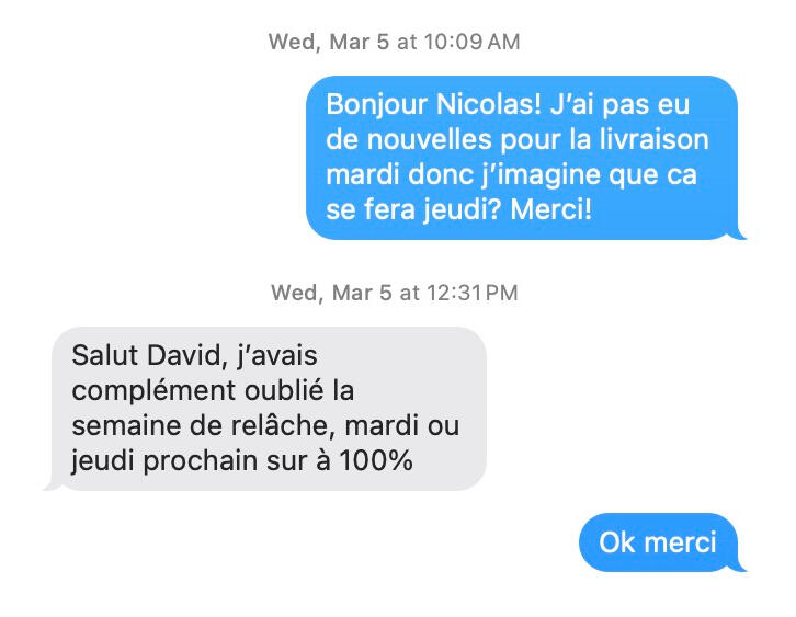 Date : 29 janvier 2024Commande effectuée sur viandeenligne.ca (commande #7423). Paiement envoyé par virement Interac. Le 3 février, j'écris à Nicolas, n'ayant pas reçu de confirmation :"Est-ce que cette commande sera expédiée bientôt? J'ai aussi envoyé le